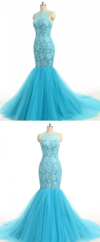 Baby Blue Lace O Neck Long Mermaid Prom Dress