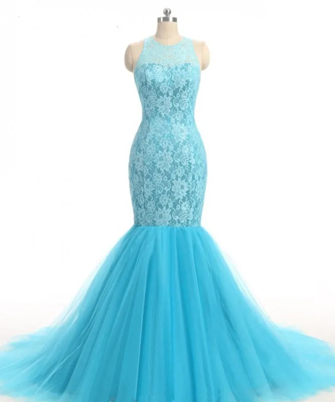 Baby Blue Lace O Neck Long Mermaid Prom Dress