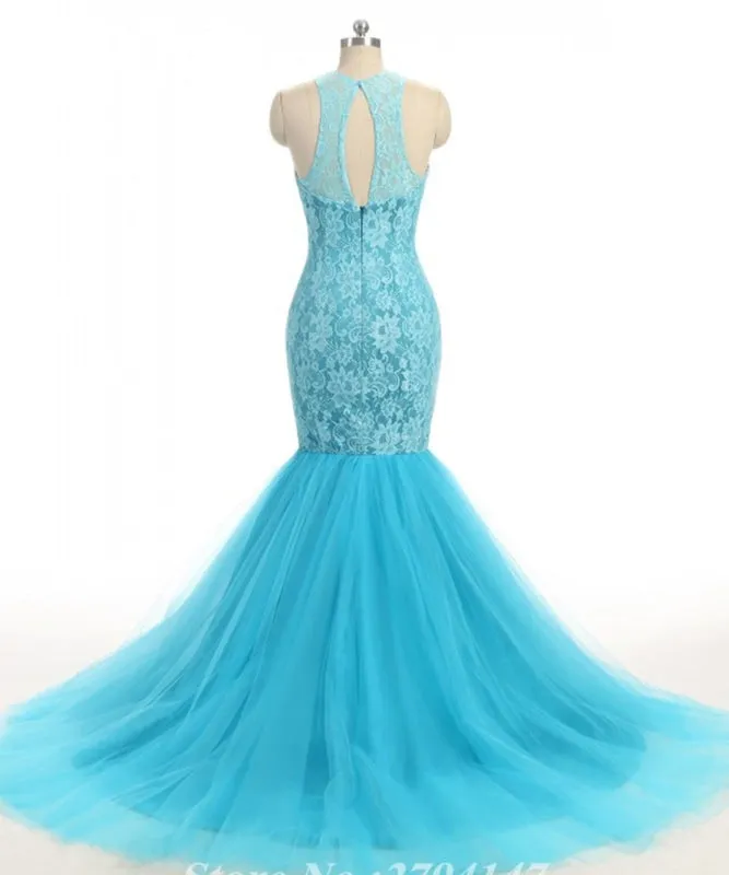 Baby Blue Lace O Neck Long Mermaid Prom Dress