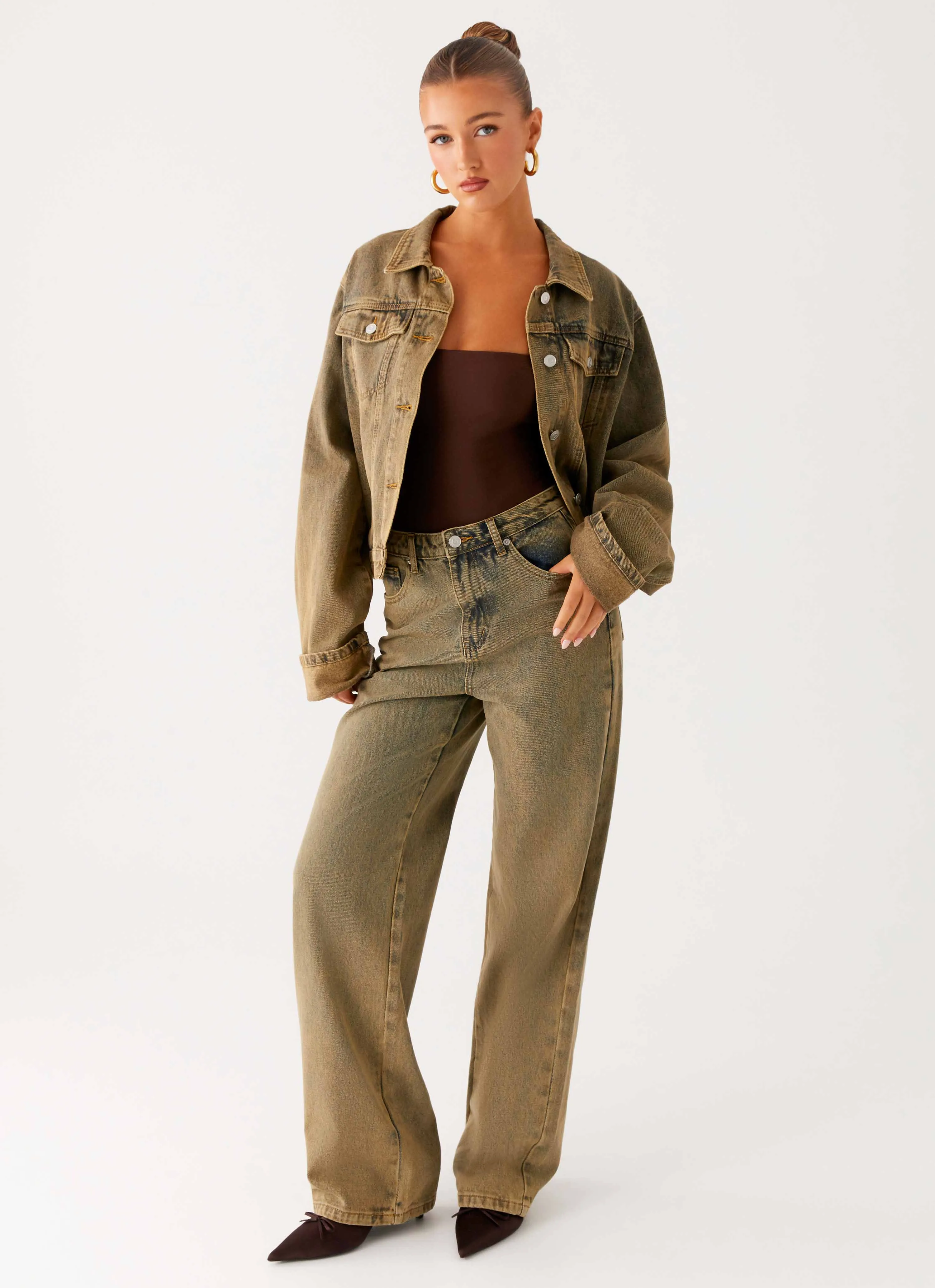 Back Again Straight Leg Denim Jeans - Brown Sand Wash