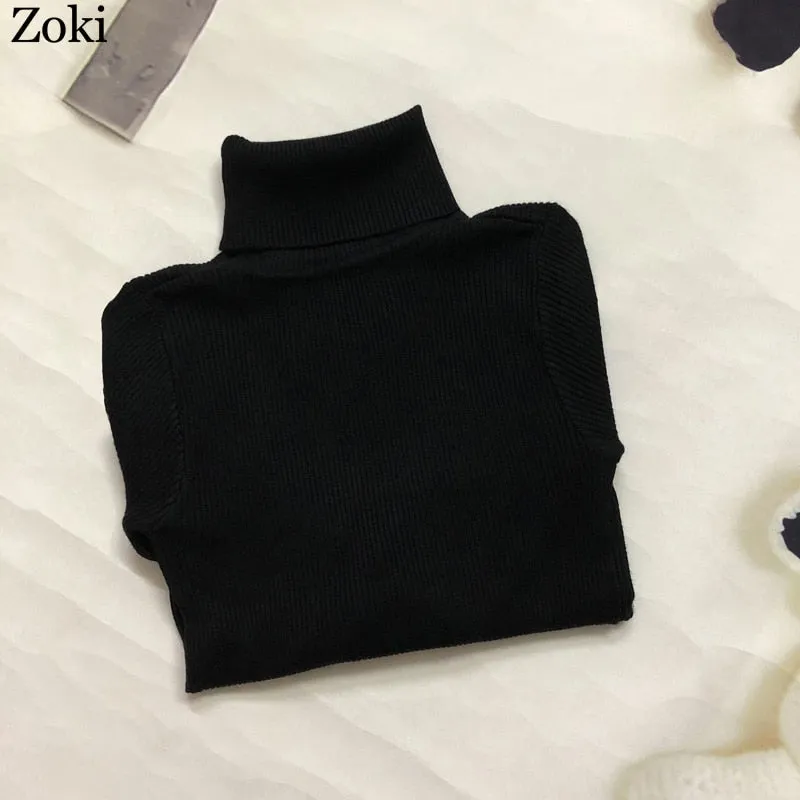 Back to College Joskaa Soft Women Turtleneck Sweater Autumn Long Sleeve Elastic Female Knitted Jumper Casual Pullover Slim Winter Basic Tops 2024