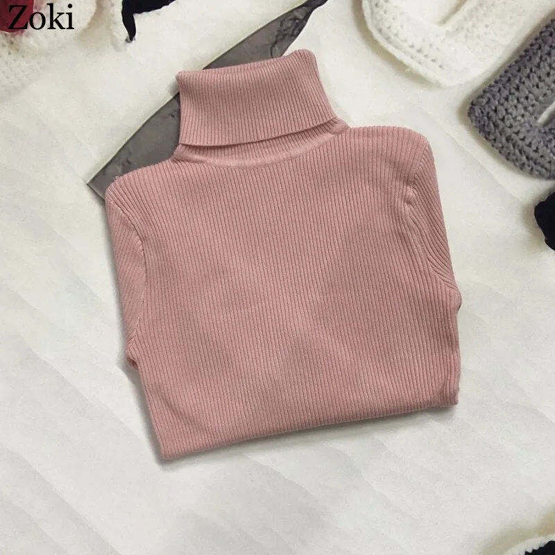 Back to College Joskaa Soft Women Turtleneck Sweater Autumn Long Sleeve Elastic Female Knitted Jumper Casual Pullover Slim Winter Basic Tops 2024