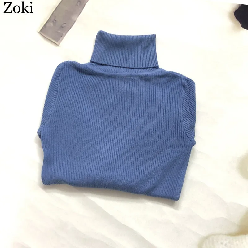 Back to College Joskaa Soft Women Turtleneck Sweater Autumn Long Sleeve Elastic Female Knitted Jumper Casual Pullover Slim Winter Basic Tops 2024