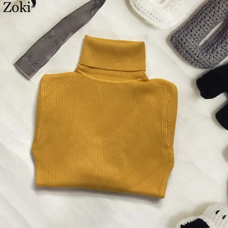 Back to College Joskaa Soft Women Turtleneck Sweater Autumn Long Sleeve Elastic Female Knitted Jumper Casual Pullover Slim Winter Basic Tops 2024