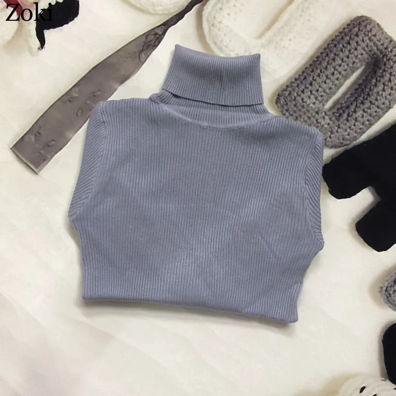 Back to College Joskaa Soft Women Turtleneck Sweater Autumn Long Sleeve Elastic Female Knitted Jumper Casual Pullover Slim Winter Basic Tops 2024