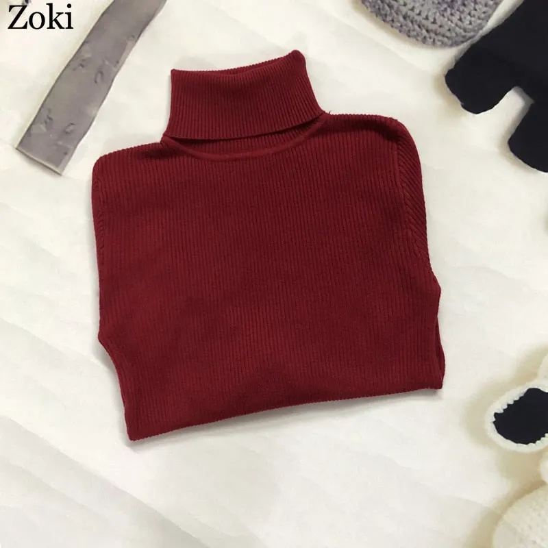 Back to College Joskaa Soft Women Turtleneck Sweater Autumn Long Sleeve Elastic Female Knitted Jumper Casual Pullover Slim Winter Basic Tops 2024