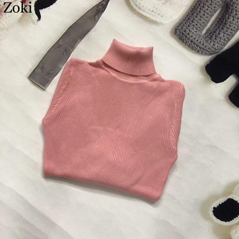 Back to College Joskaa Soft Women Turtleneck Sweater Autumn Long Sleeve Elastic Female Knitted Jumper Casual Pullover Slim Winter Basic Tops 2024