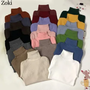 Back to College Joskaa Soft Women Turtleneck Sweater Autumn Long Sleeve Elastic Female Knitted Jumper Casual Pullover Slim Winter Basic Tops 2024