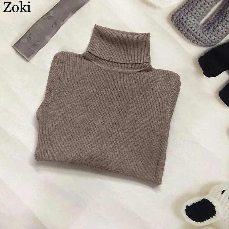 Back to College Joskaa Soft Women Turtleneck Sweater Autumn Long Sleeve Elastic Female Knitted Jumper Casual Pullover Slim Winter Basic Tops 2024