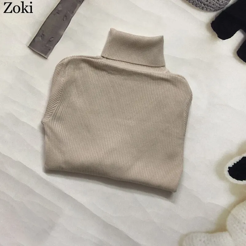 Back to College Joskaa Soft Women Turtleneck Sweater Autumn Long Sleeve Elastic Female Knitted Jumper Casual Pullover Slim Winter Basic Tops 2024