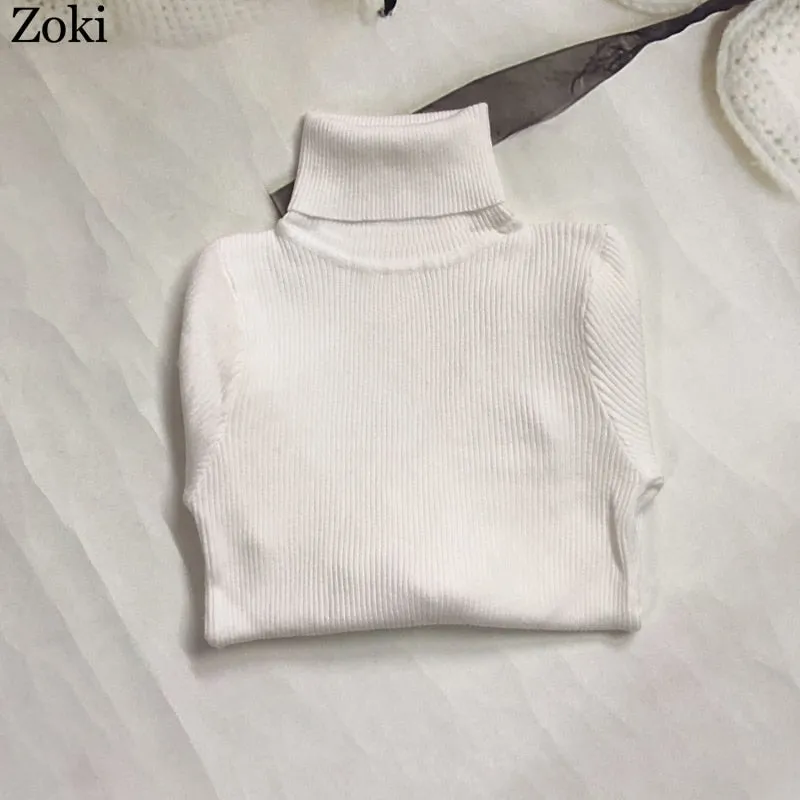 Back to College Joskaa Soft Women Turtleneck Sweater Autumn Long Sleeve Elastic Female Knitted Jumper Casual Pullover Slim Winter Basic Tops 2024