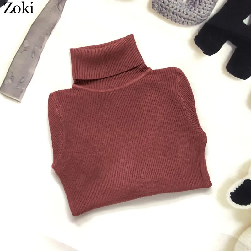 Back to College Joskaa Soft Women Turtleneck Sweater Autumn Long Sleeve Elastic Female Knitted Jumper Casual Pullover Slim Winter Basic Tops 2024