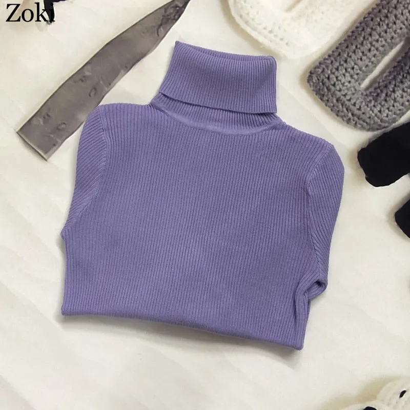 Back to College Joskaa Soft Women Turtleneck Sweater Autumn Long Sleeve Elastic Female Knitted Jumper Casual Pullover Slim Winter Basic Tops 2024