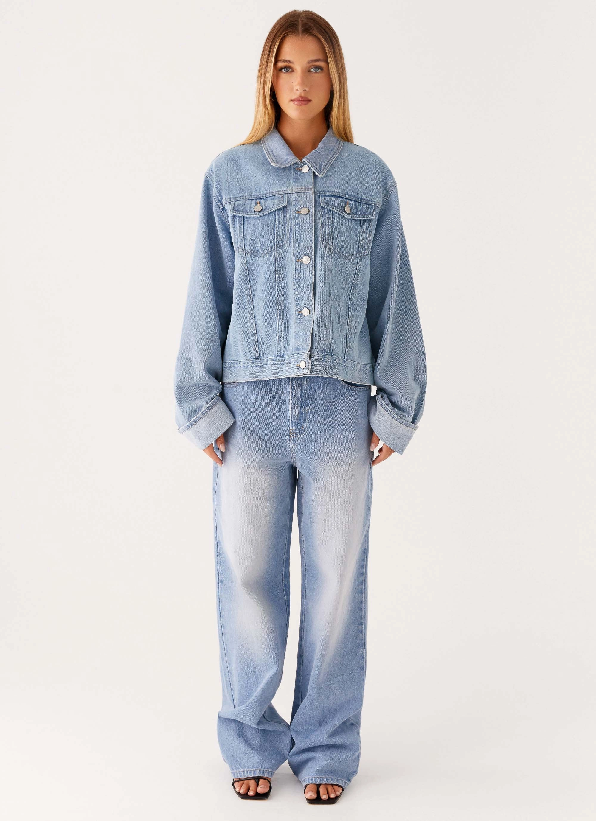 Back Again Oversized Denim Jacket - Light Wash Blue
