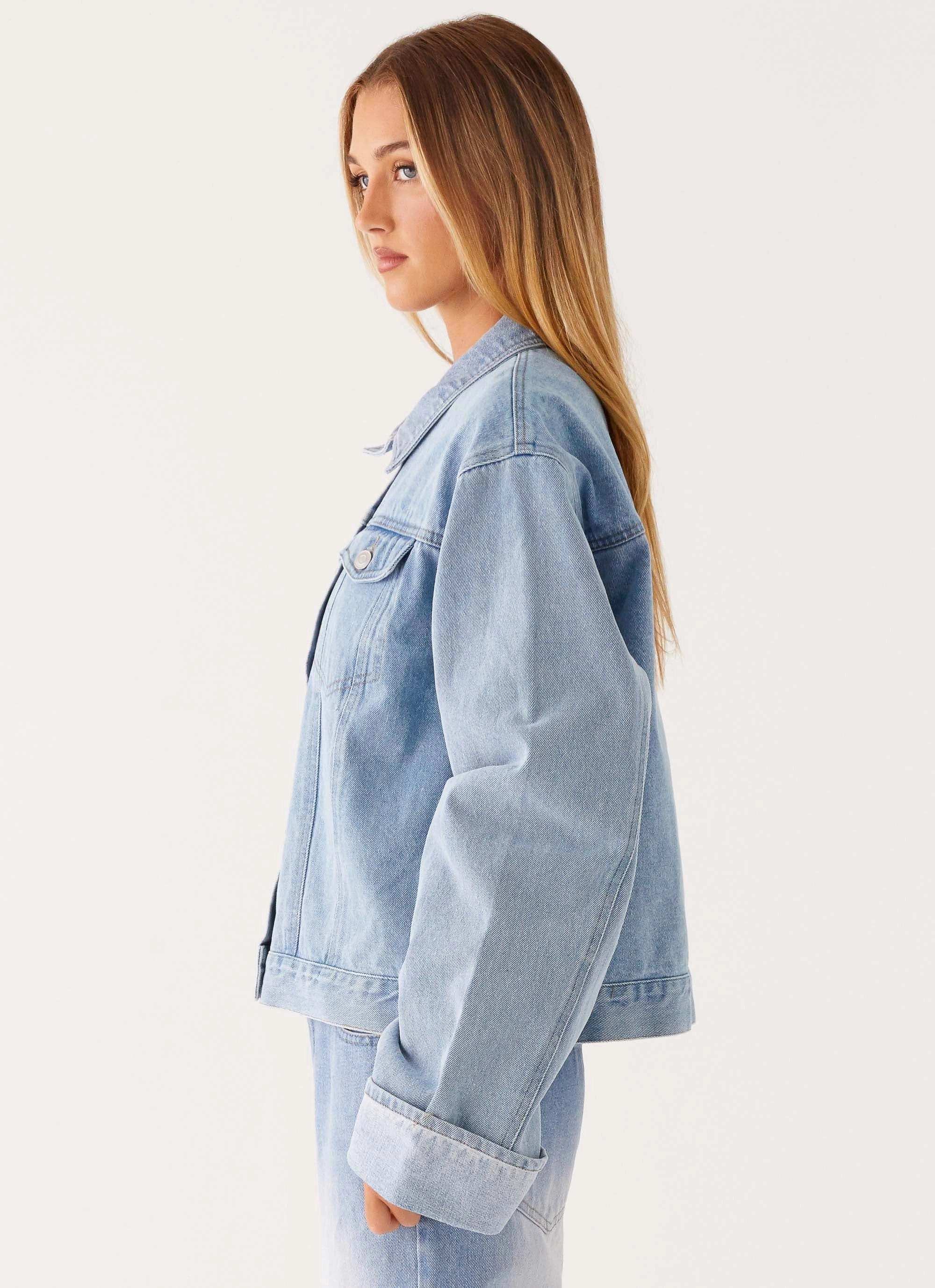 Back Again Oversized Denim Jacket - Light Wash Blue