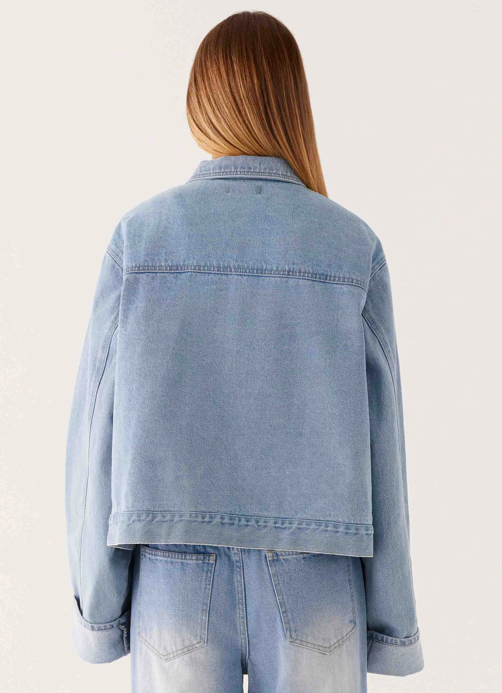 Back Again Oversized Denim Jacket - Light Wash Blue