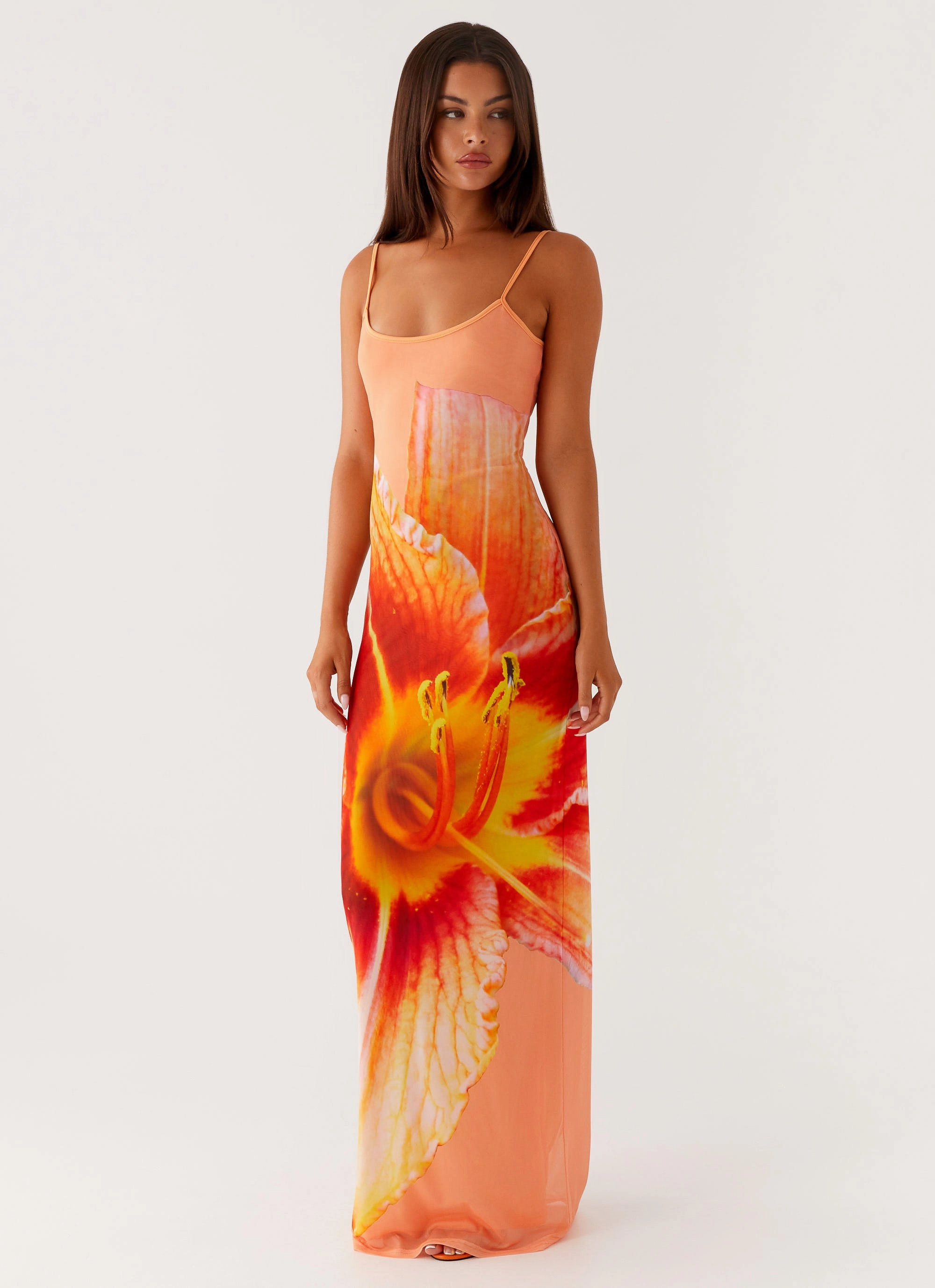 Bad News Mesh Maxi Dress - Orange Floral