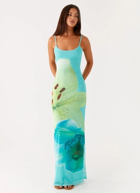 Bad News Mesh Maxi Dress - Turquoise Floral Bad News Mesh Maxi Dress - Turquoise Floral