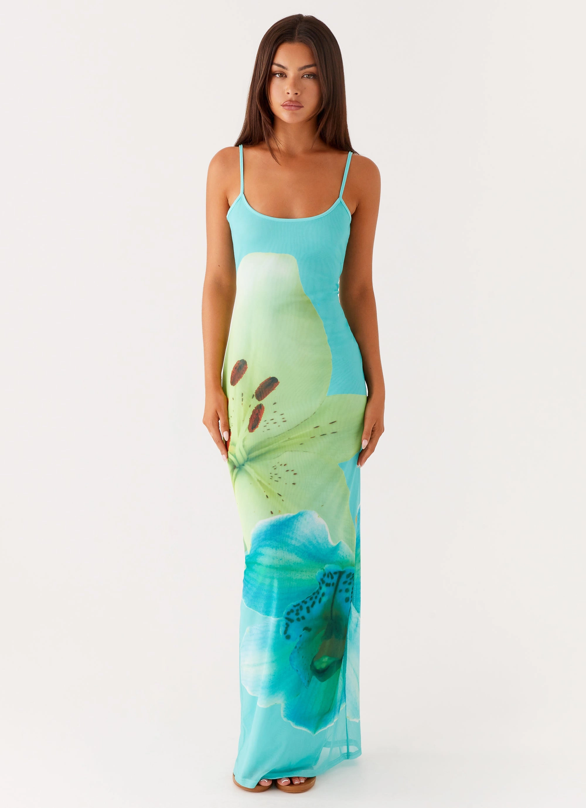 Bad News Mesh Maxi Dress - Turquoise Floral