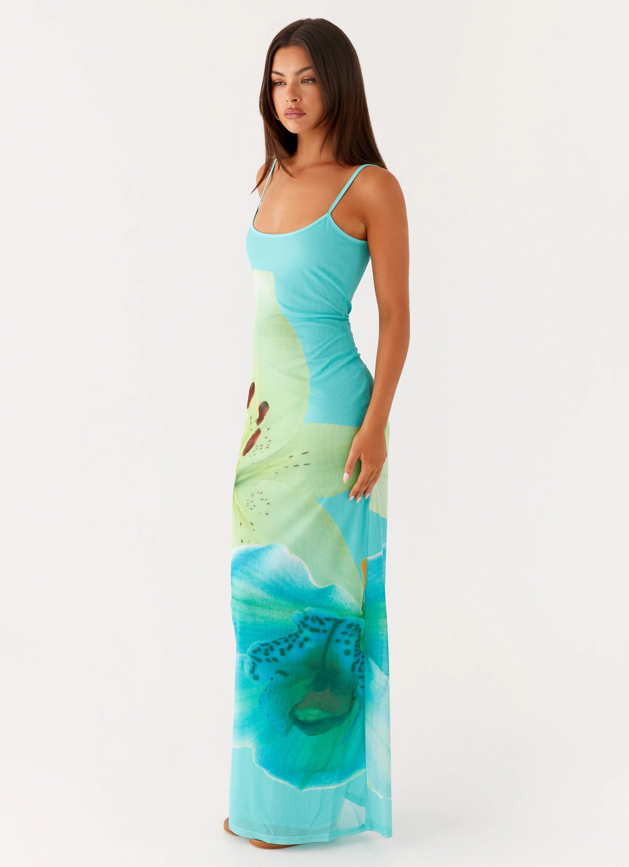 Bad News Mesh Maxi Dress - Turquoise Floral