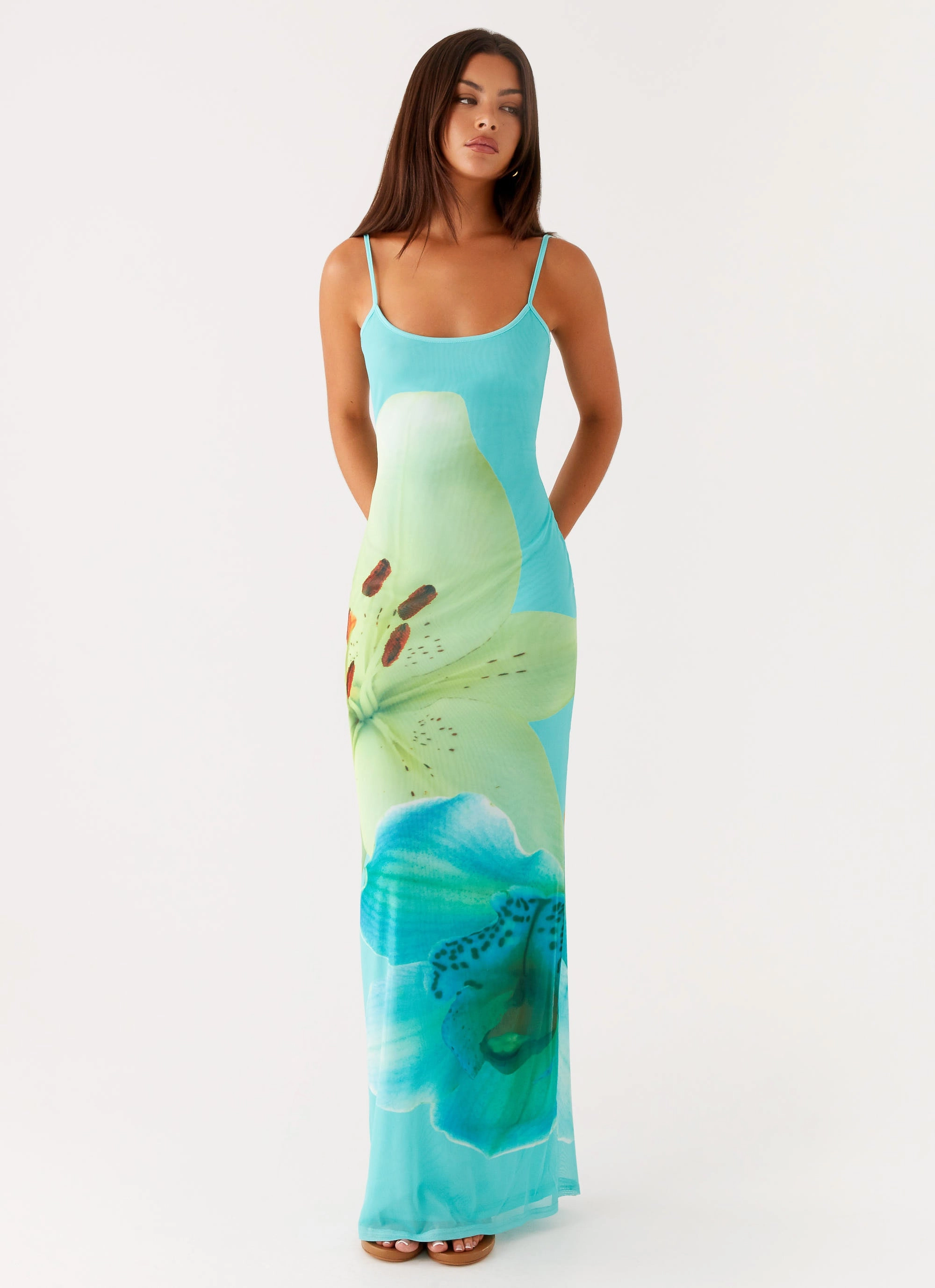 Bad News Mesh Maxi Dress - Turquoise Floral