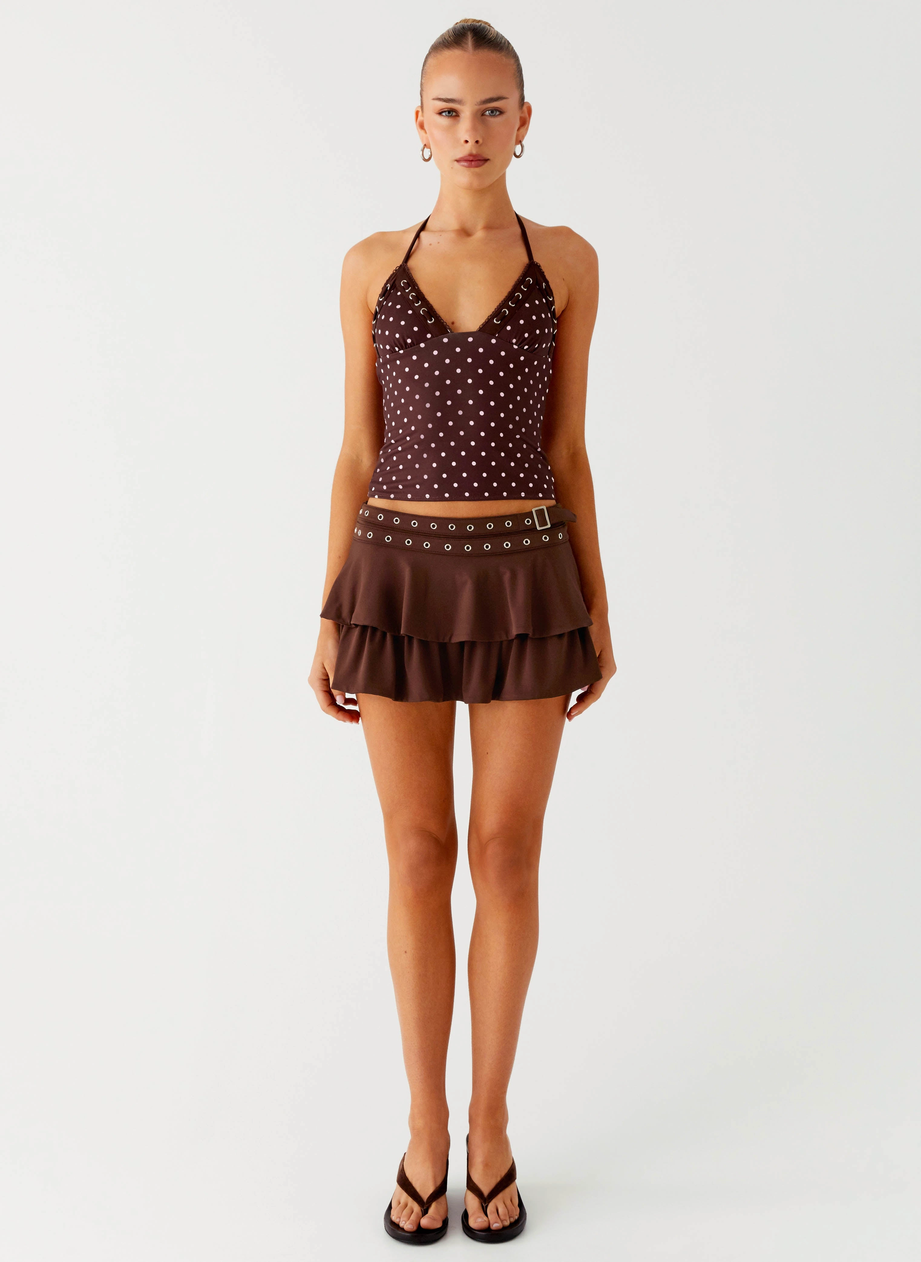 Bahama Eyelet Lace Up Top - Chocolate Strawberry Dot