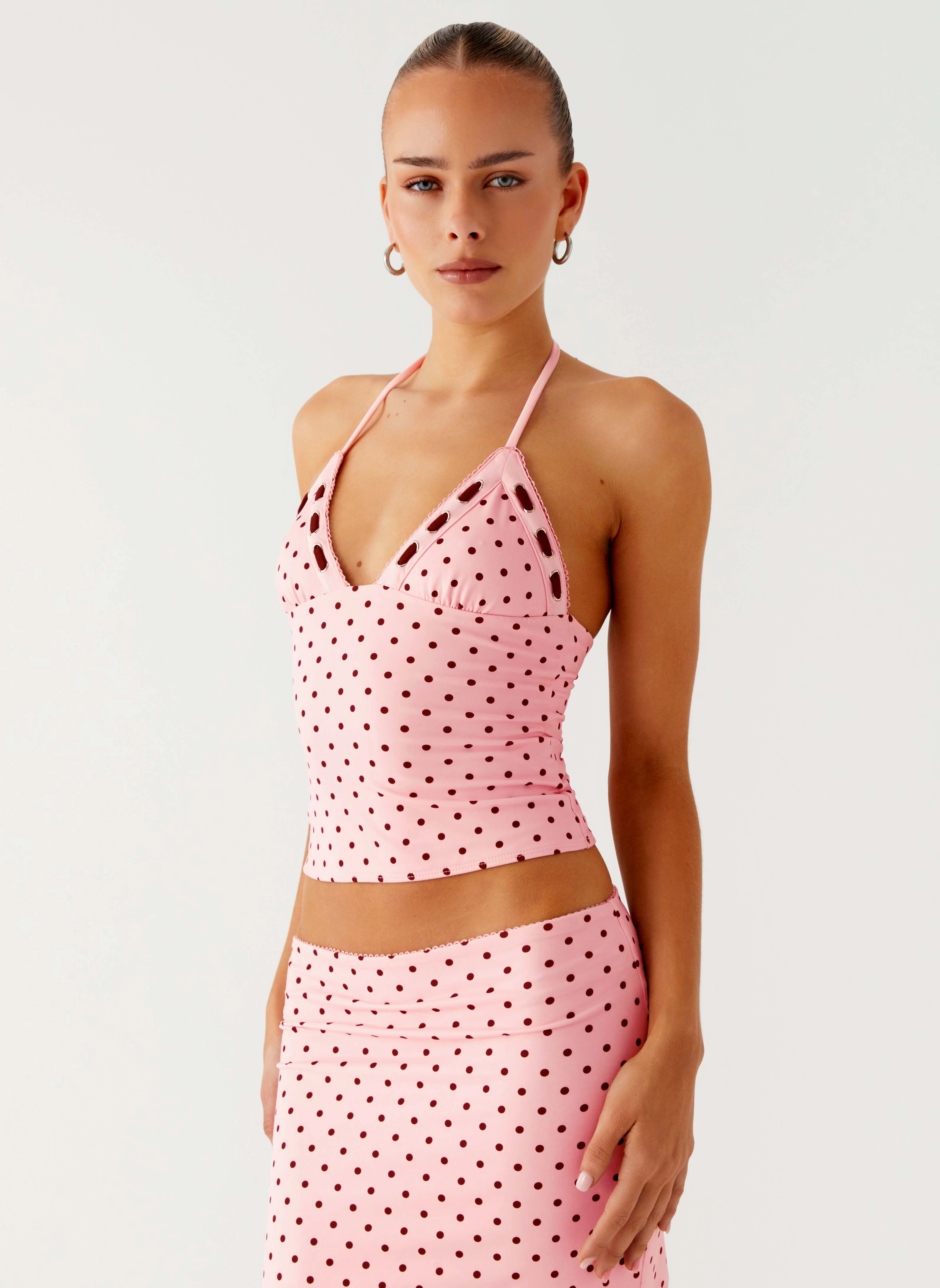 Bahama Eyelet Lace Up Top - Strawberry Dot
