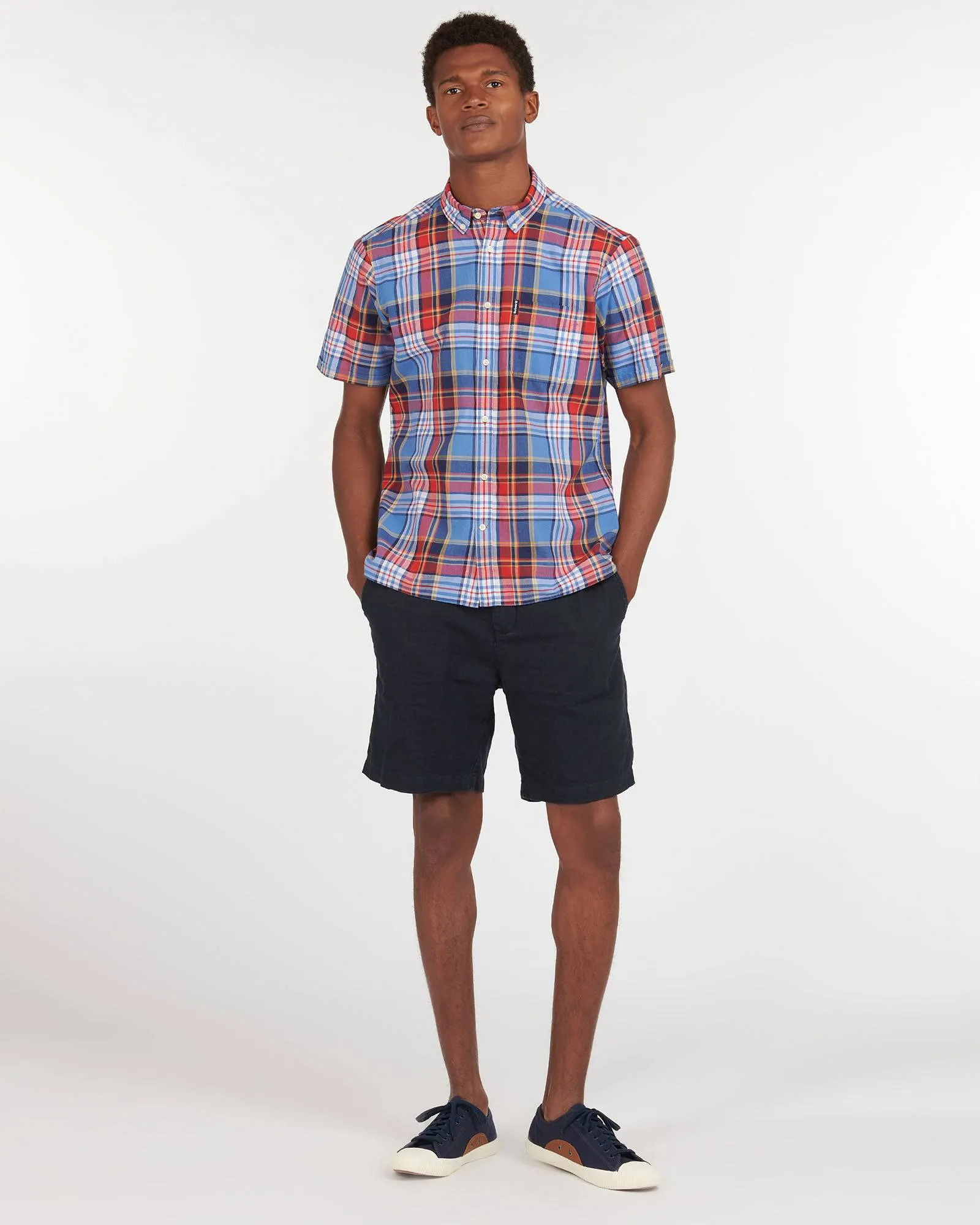 Barbour Madras 9 Plaid Short Sleeve Button Down Collar Shirt In Mid Blue