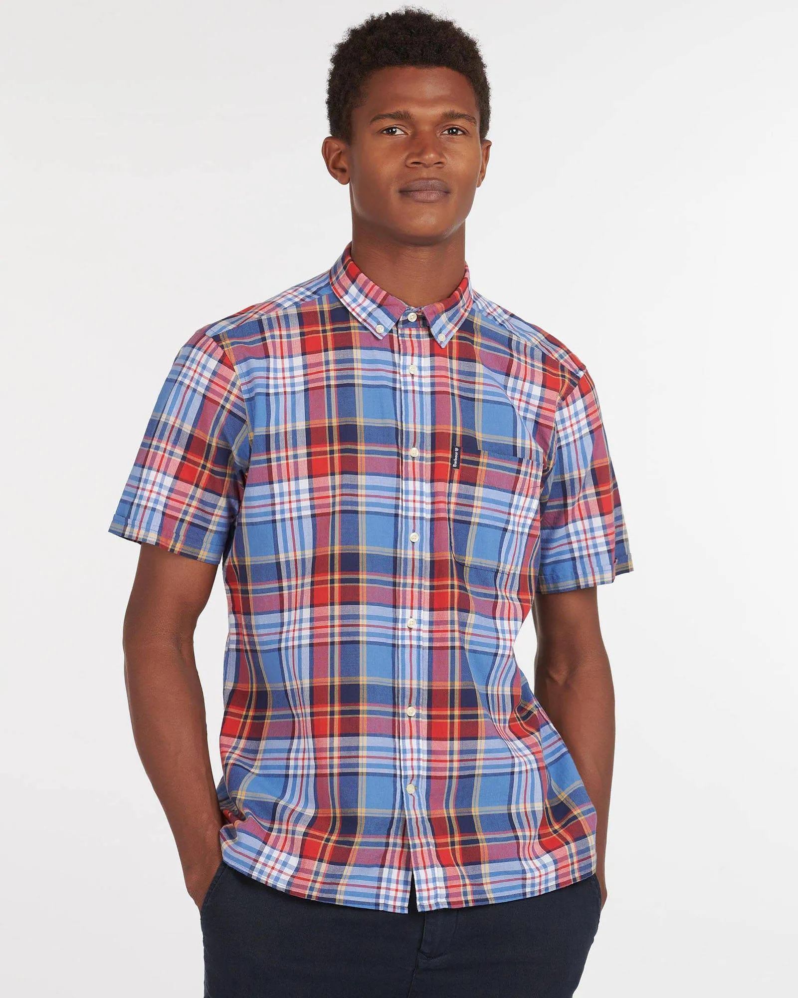 Barbour Madras 9 Plaid Short Sleeve Button Down Collar Shirt In Mid Blue
