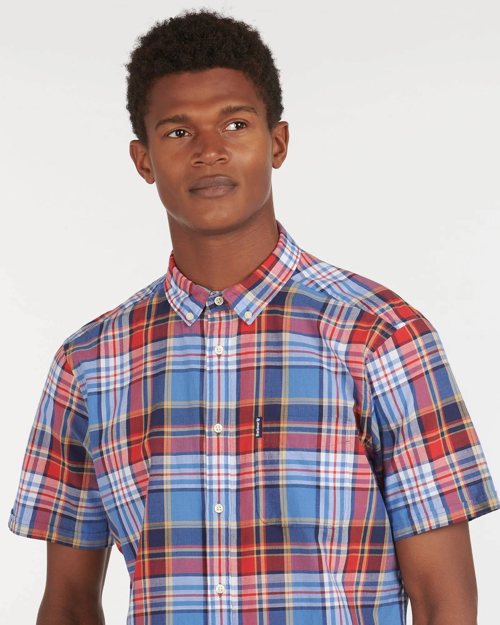 Barbour Madras 9 Plaid Short Sleeve Button Down Collar Shirt In Mid Blue