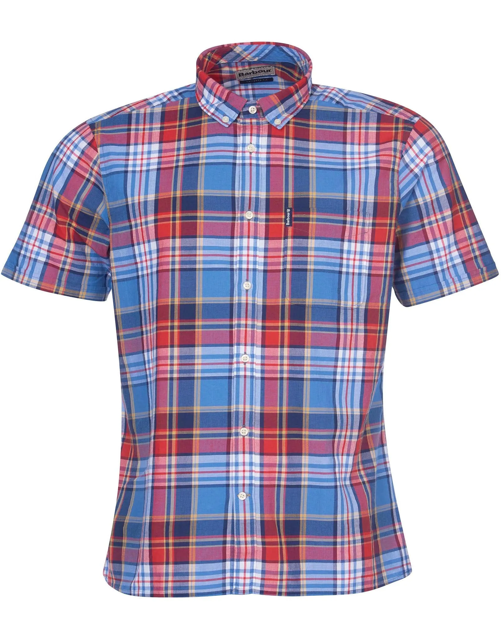 Barbour Madras 9 Plaid Short Sleeve Button Down Collar Shirt In Mid Blue