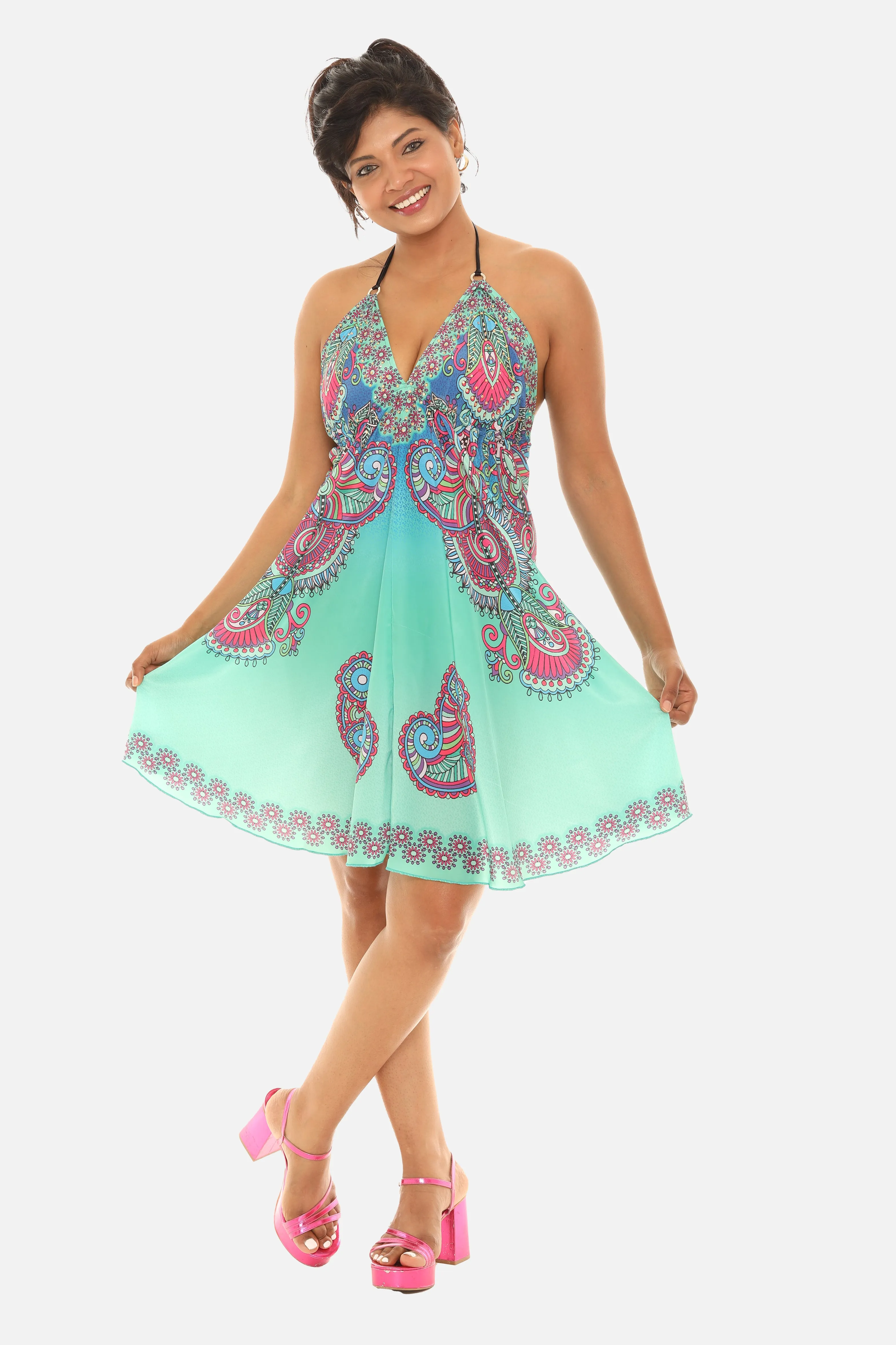 Batik Print with Thin Spaghetti Short Halter Dress