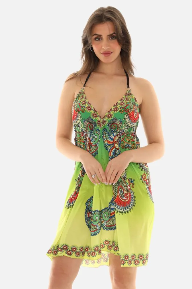 Batik Print with Thin Spaghetti Short Halter Dress