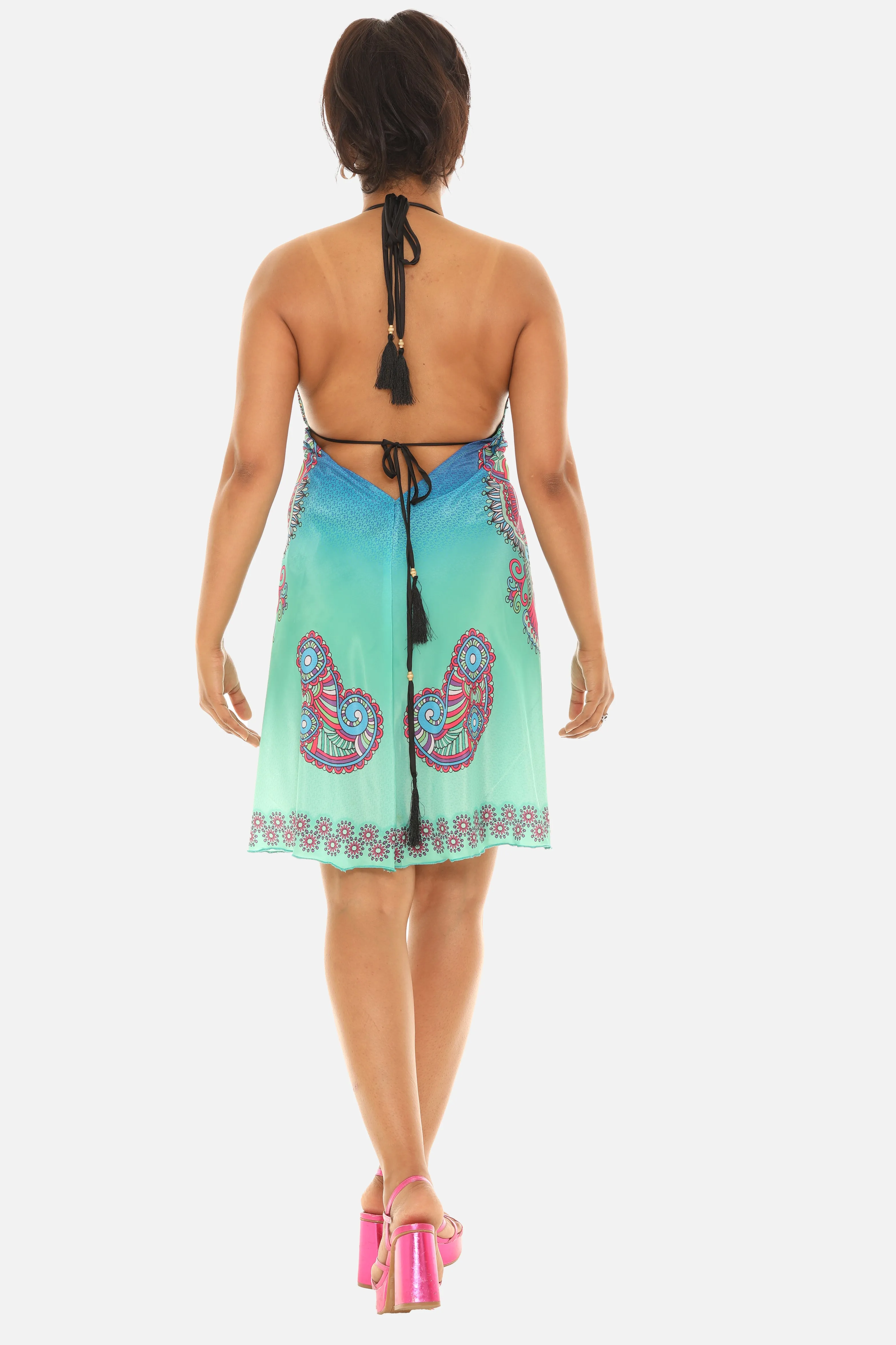 Batik Print with Thin Spaghetti Short Halter Dress