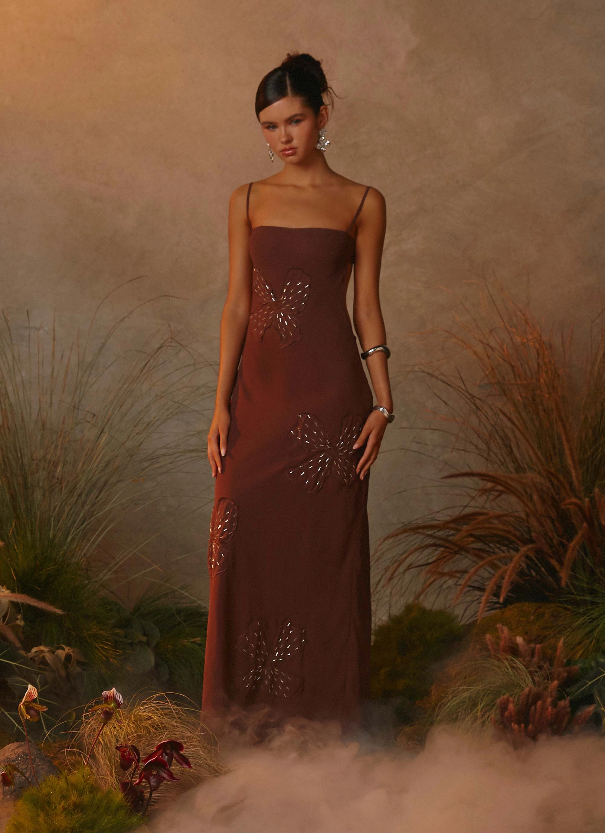 Bayla Beaded Flower Maxi Dress - Chocolate
