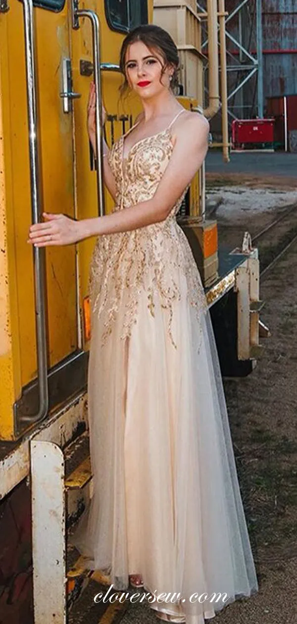 Bead Applique Spagehtti Strap Lace Up Back A-line Prom Dresses, CP0462