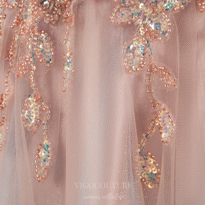 Beaded A-Line Prom Dresses Plunging V-Neck Evening Dresses 20797