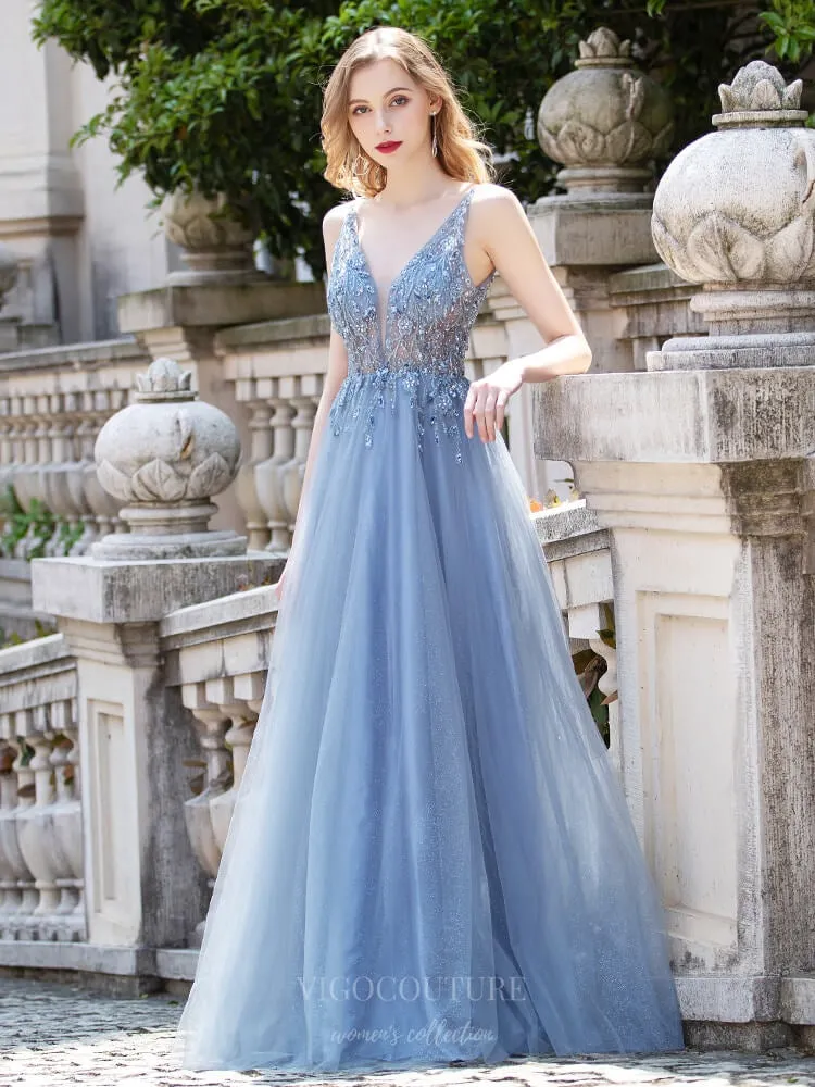 Beaded A-Line Prom Dresses Plunging V-Neck Evening Dresses 20797