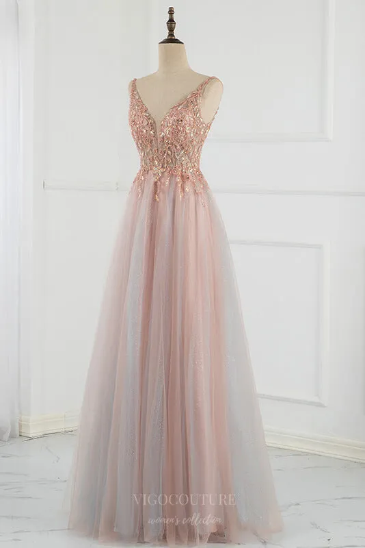 Beaded A-Line Prom Dresses Plunging V-Neck Evening Dresses 20797