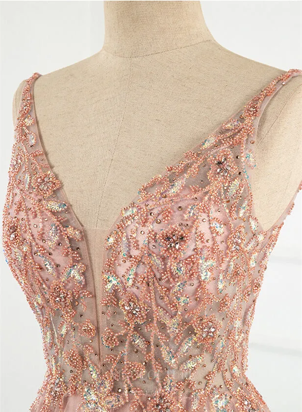 Beaded A-Line Prom Dresses Plunging V-Neck Evening Dresses 20797