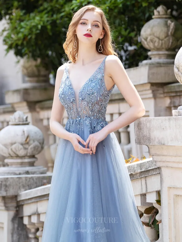 Beaded A-Line Prom Dresses Plunging V-Neck Evening Dresses 20797