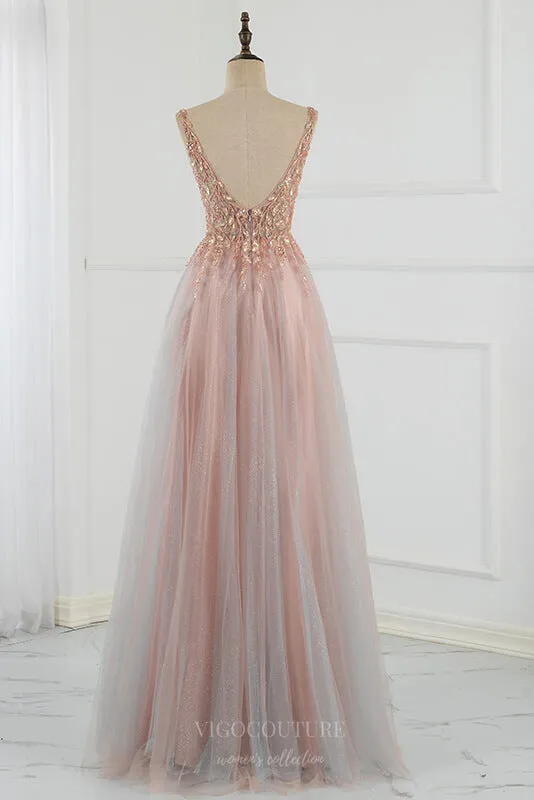 Beaded A-Line Prom Dresses Plunging V-Neck Evening Dresses 20797