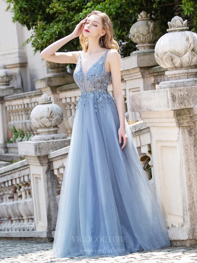 Beaded A-Line Prom Dresses Plunging V-Neck Evening Dresses 20797