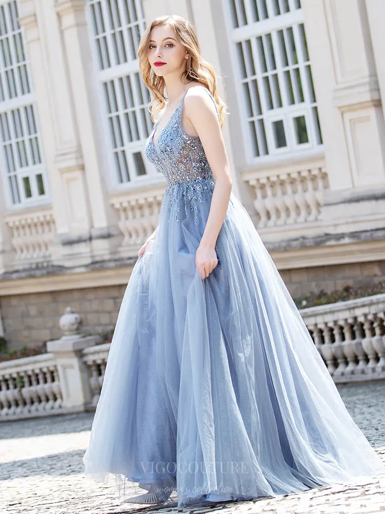 Beaded A-Line Prom Dresses Plunging V-Neck Evening Dresses 20797