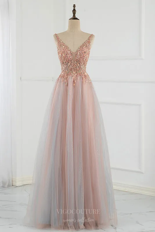 Beaded A-Line Prom Dresses Plunging V-Neck Evening Dresses 20797