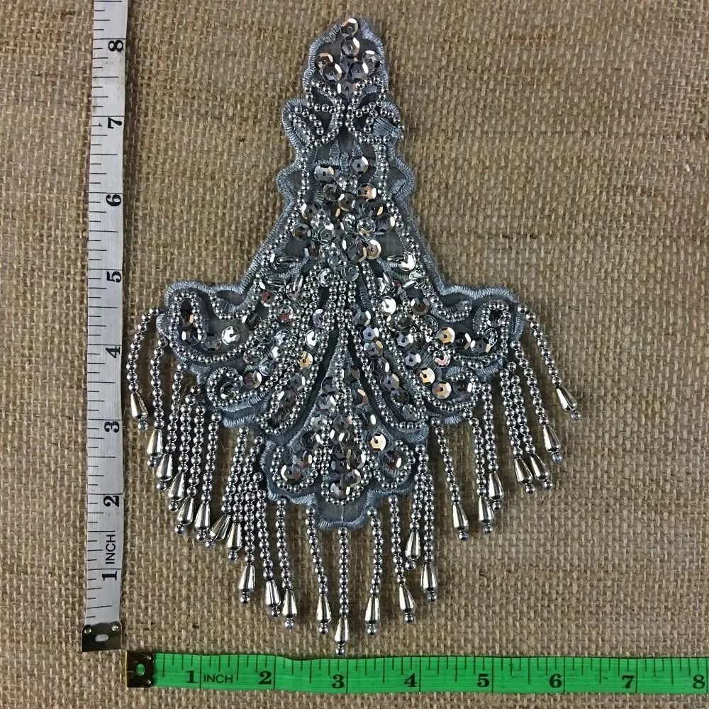 Beaded Applique Piece Lace Hanging Beads Strings Fringe Dangling Quality Rich, 8"x6", Choose Color, Multi-Use Garments Dance Theater Costumes