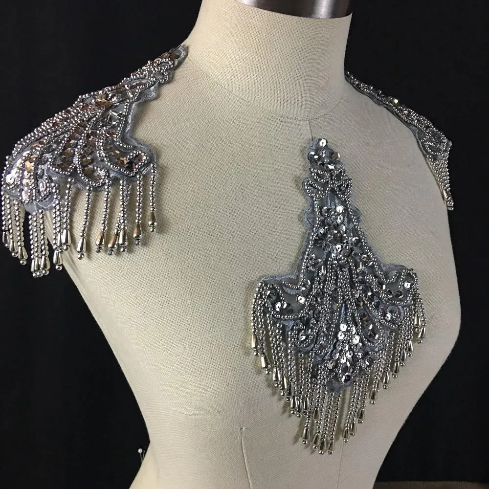 Beaded Applique Piece Lace Hanging Beads Strings Fringe Dangling Quality Rich, 8"x6", Choose Color, Multi-Use Garments Dance Theater Costumes