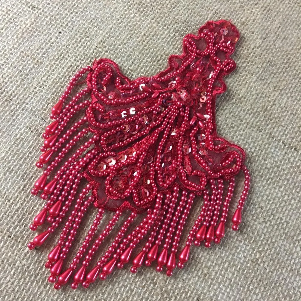 Beaded Applique Piece Lace Hanging Beads Strings Fringe Dangling Quality Rich, 8"x6", Choose Color, Multi-Use Garments Dance Theater Costumes