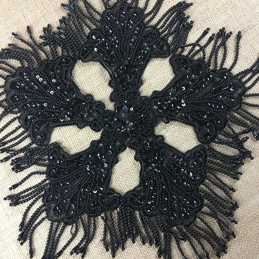 Beaded Applique Piece Lace Hanging Beads Strings Fringe Dangling Quality Rich, 8"x6", Choose Color, Multi-Use Garments Dance Theater Costumes