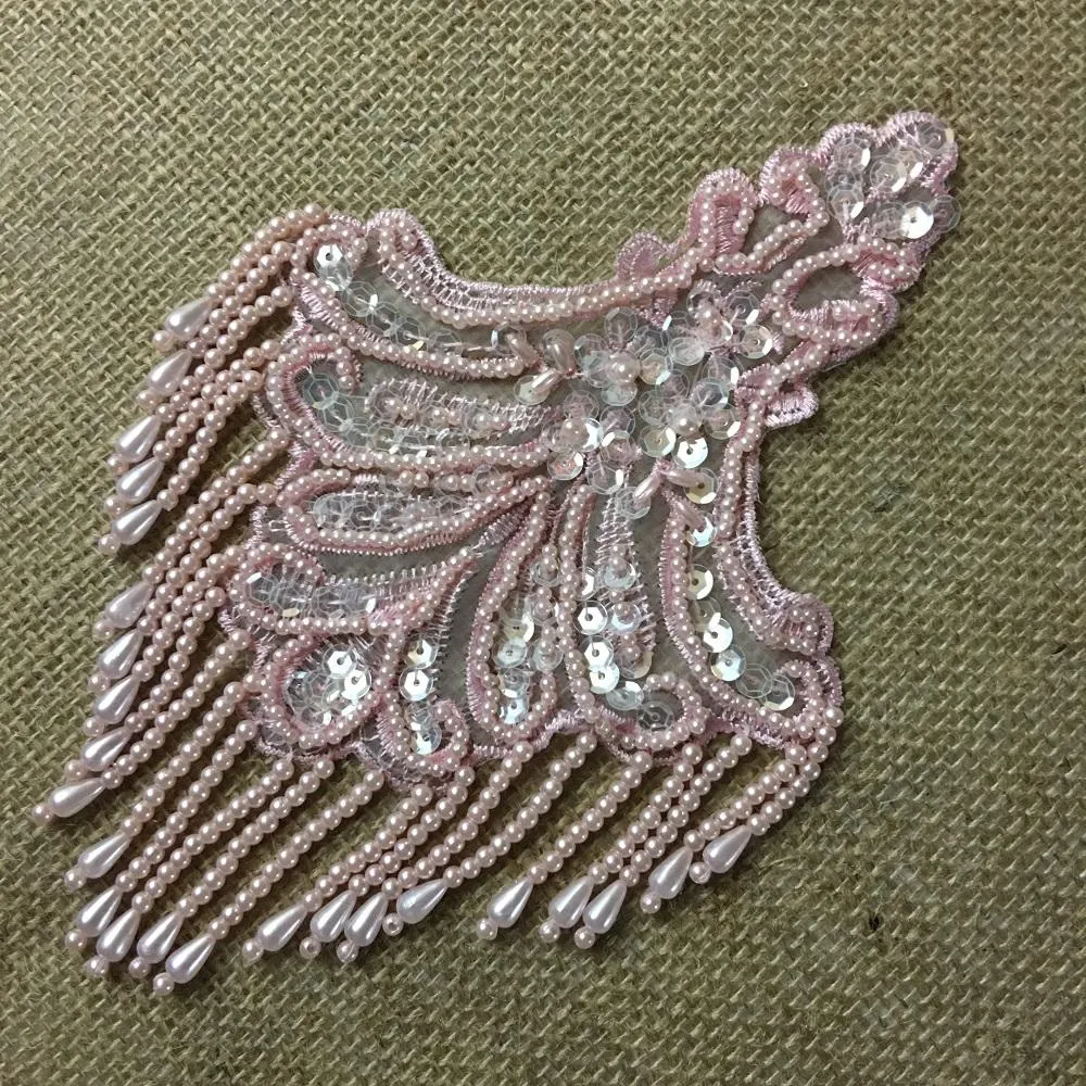Beaded Applique Piece Lace Hanging Beads Strings Fringe Dangling Quality Rich, 8"x6", Choose Color, Multi-Use Garments Dance Theater Costumes
